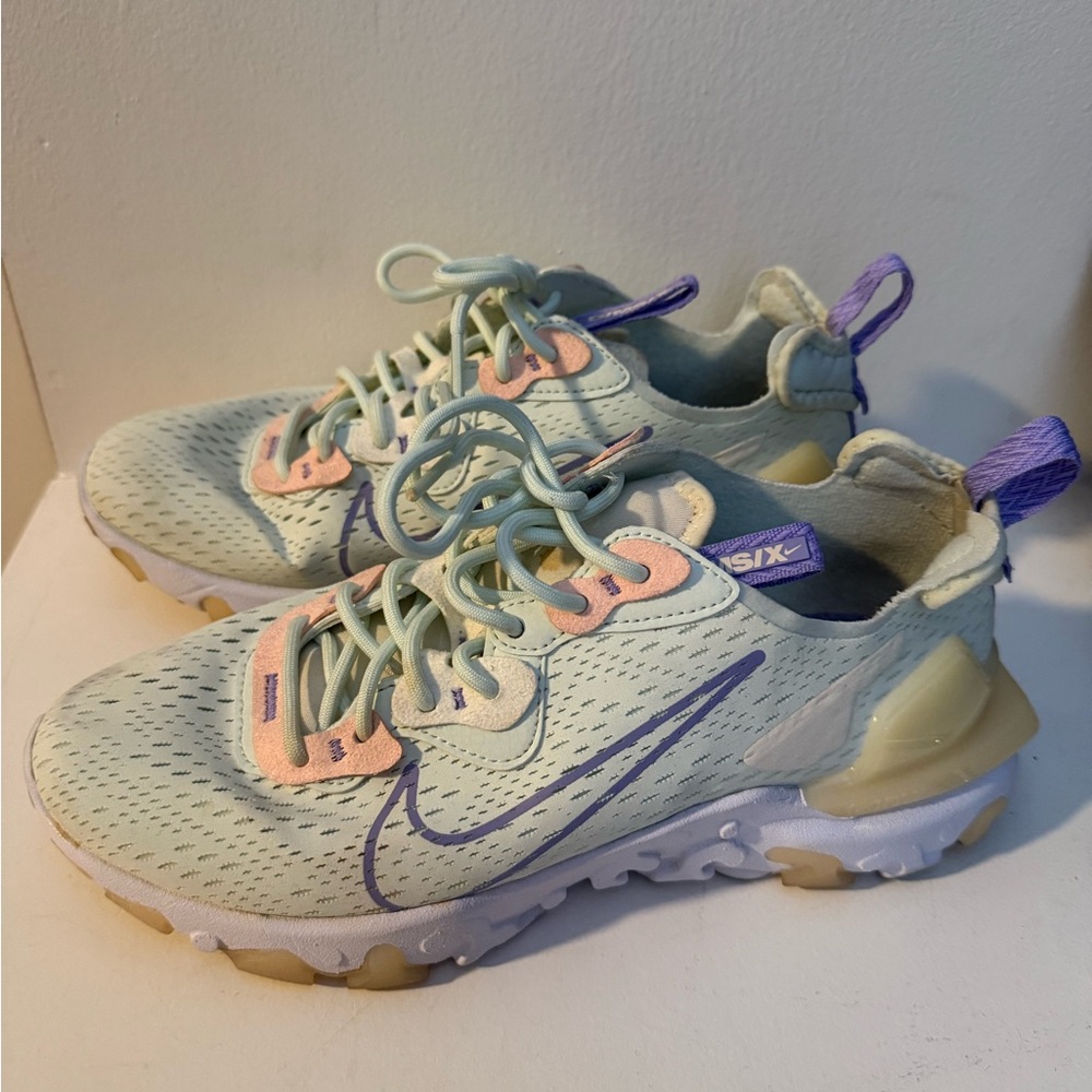 Women’s NIKE React Vision Sneaker in Barely Green, Purple Pulse, & Crimson Tint